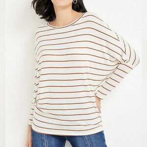 Maurices 24/7 Cozy White & Brown Striped Dolman Oversized Tee Xsmall Women’s